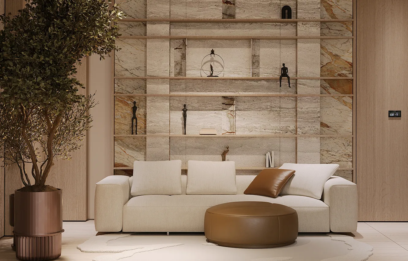 Contemporary villa living room interior fit out featuring floor-to-ceiling glass and premium finishes.