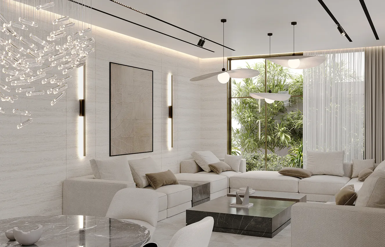 Turnkey interior design featuring floor-to-ceiling glass and modern finishes in a luxury villa.