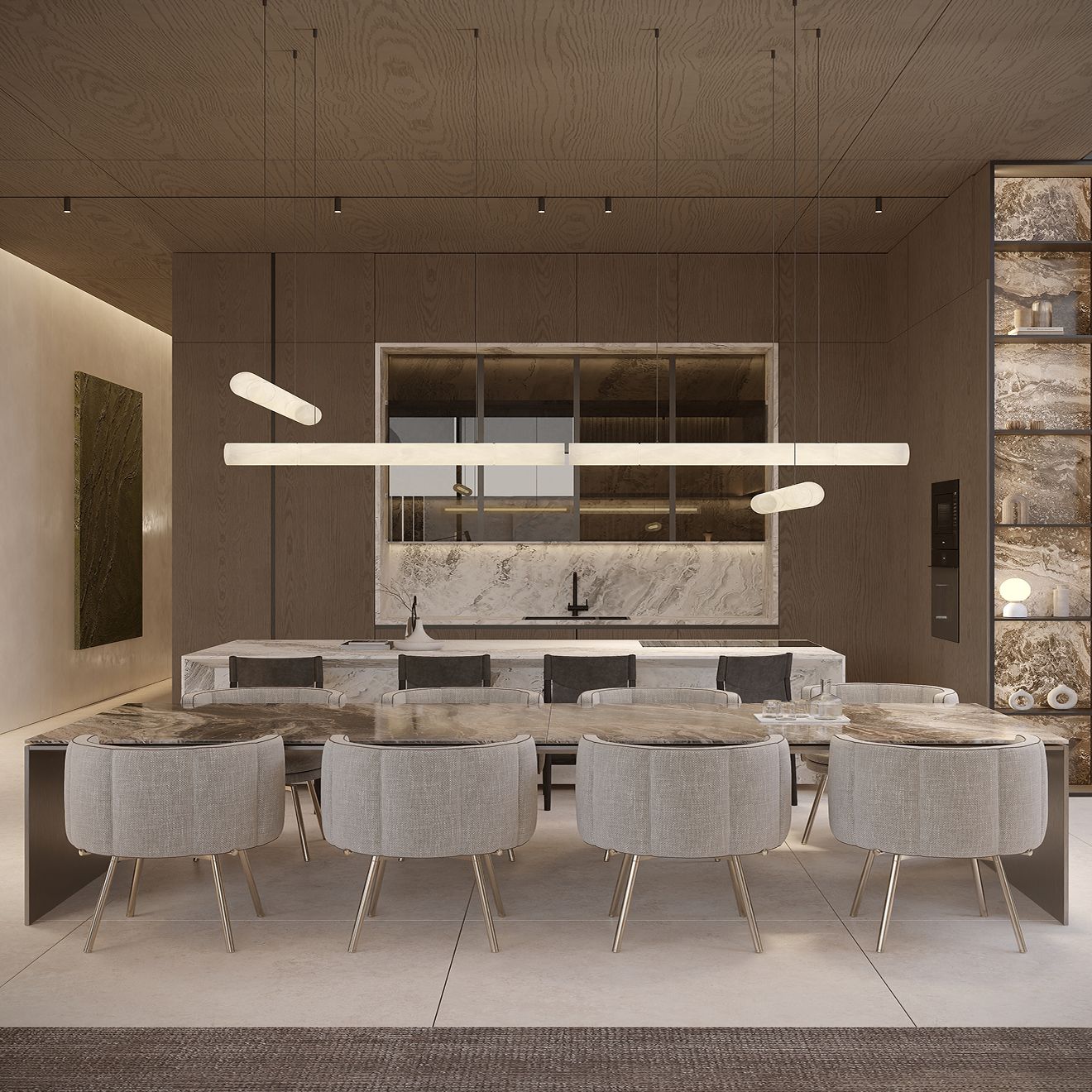 Luxury bedroom interior featuring modular seating and expansive windows in Dubai.