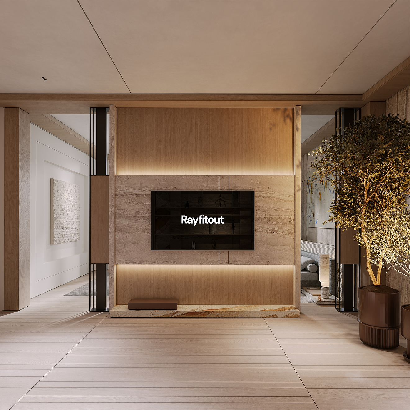 Luxury bedroom interior featuring modular seating and expansive windows in Dubai.