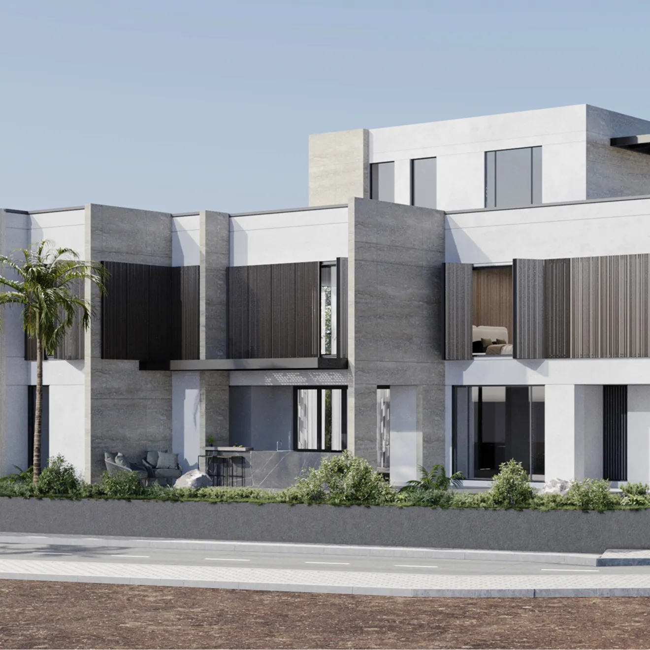 Contemporary villa design featuring natural stone finishes by Rayfitout in Dubai.