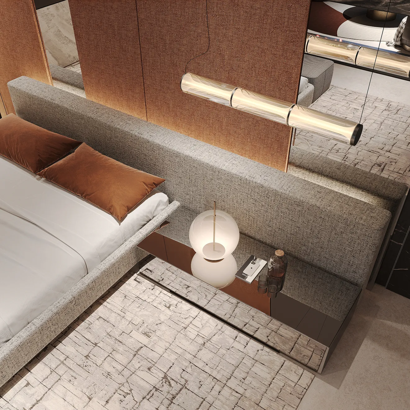 Modern villa interior featuring a cylindrical glass pendant and spherical table lamp in a luxury villa.