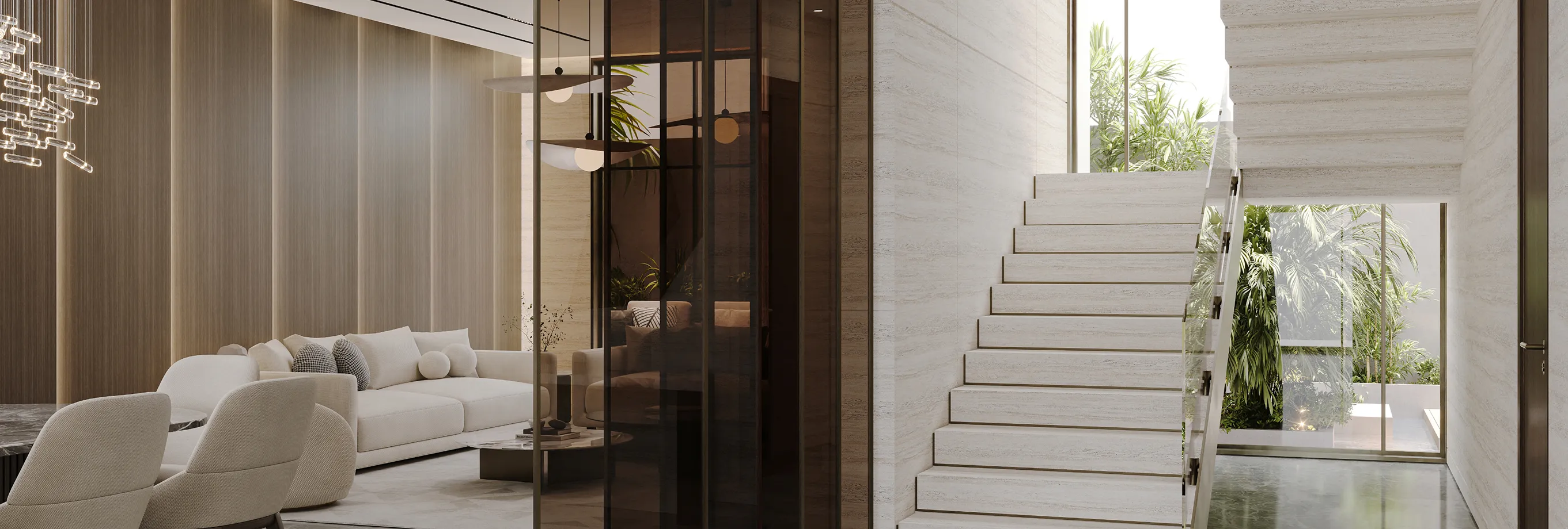 Modern villa interior design featuring a floating travertine staircase and glass railing in Dubai.