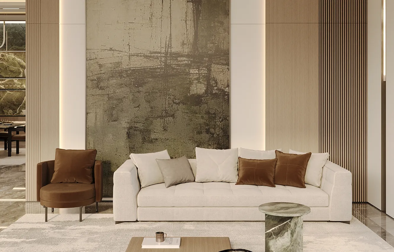 High-end villa design highlighting textured stone walls and custom furnishing in Dubai.