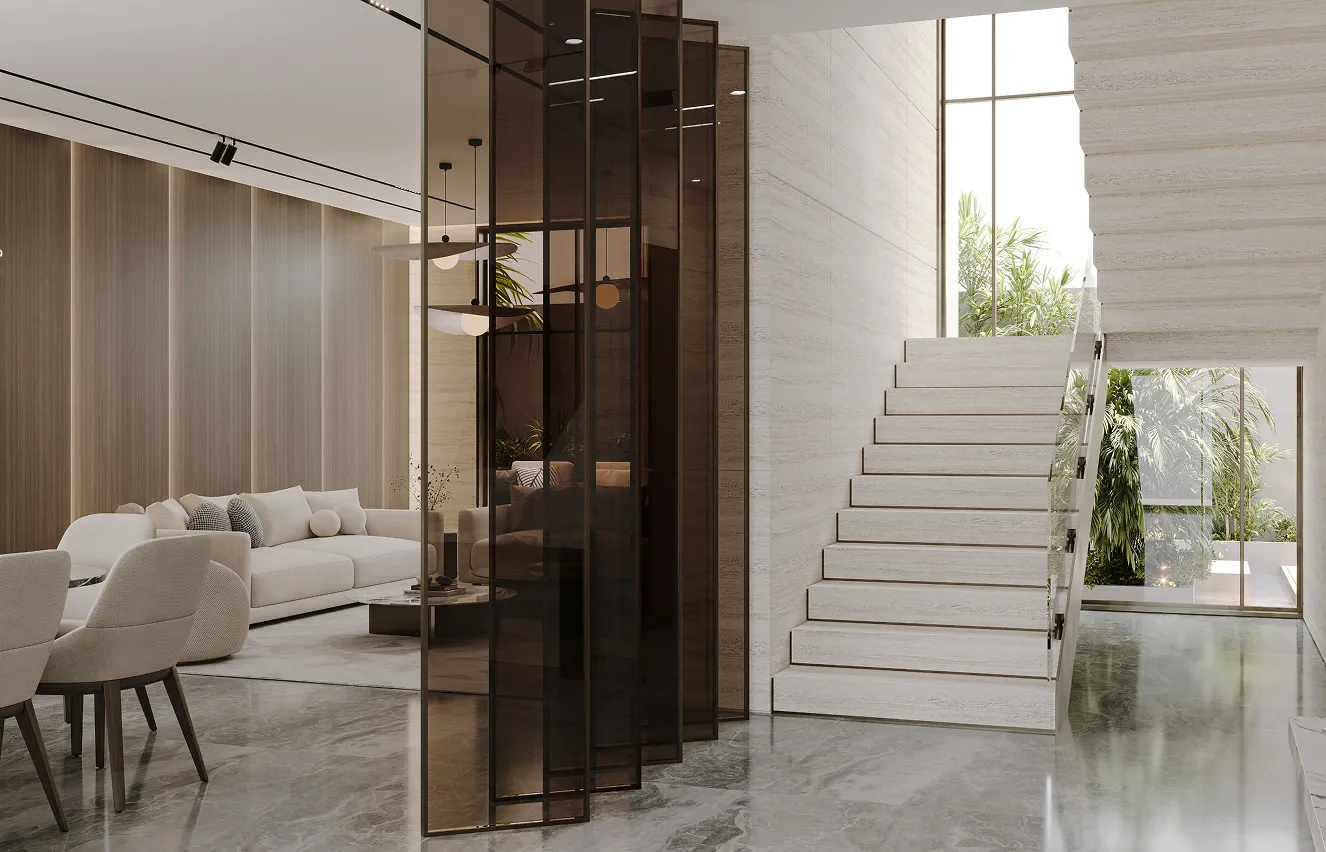 Luxury living room interior featuring modular seating and floor-to-ceiling windows.