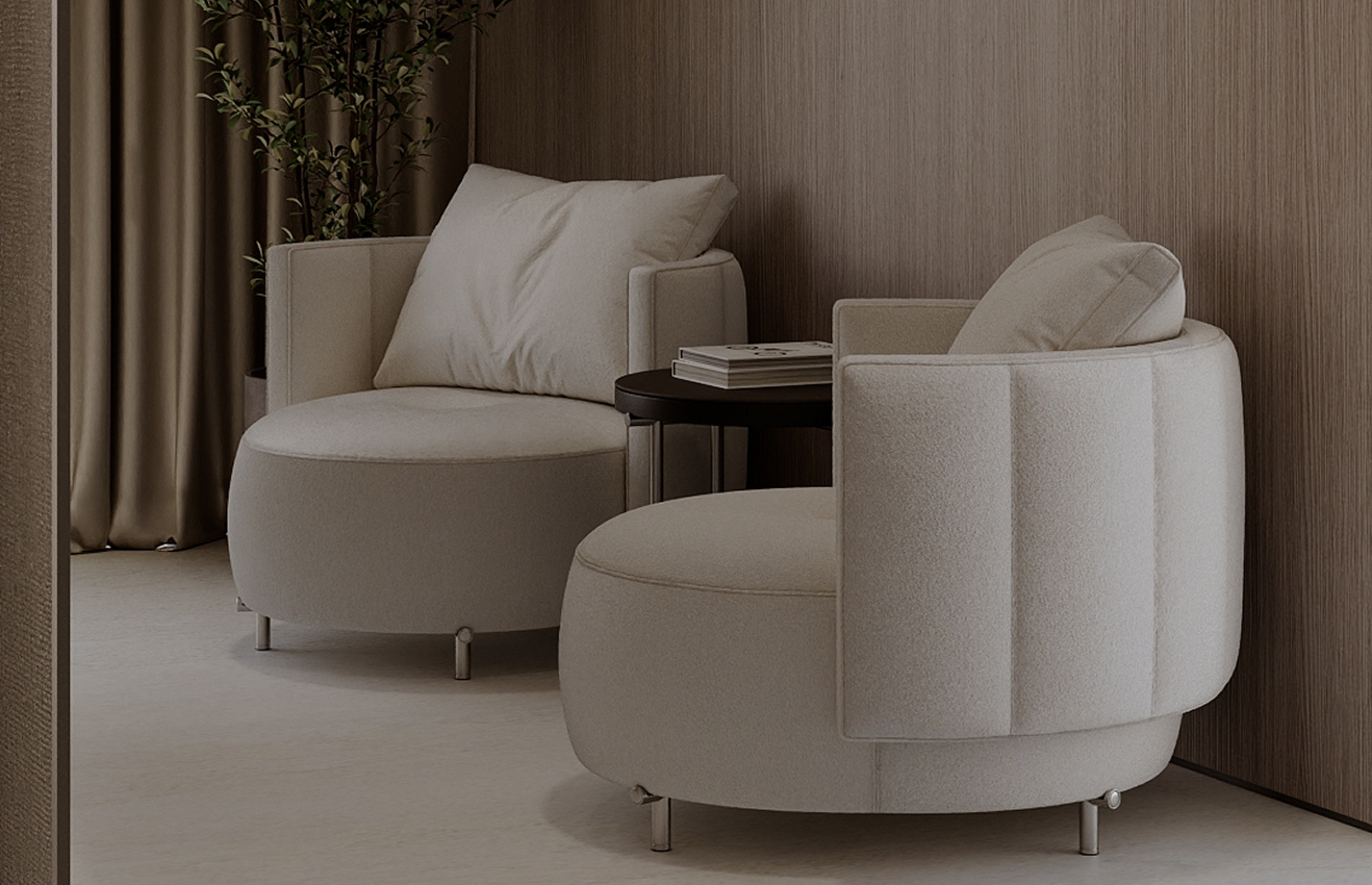 High-end residential interior design of a Palm Jumeirah villa living room with floor-to-ceiling windows.