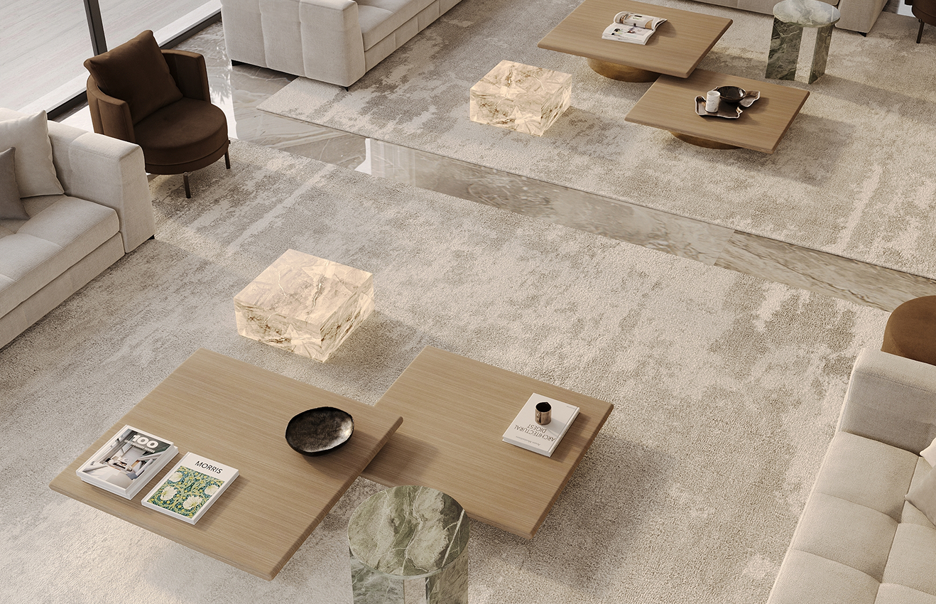 High-end residential interior design of a Palm Jumeirah villa living room with floor-to-ceiling windows.