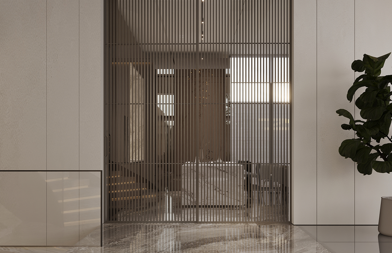 High-end residential interior design of a Palm Jumeirah villa living room with floor-to-ceiling windows.