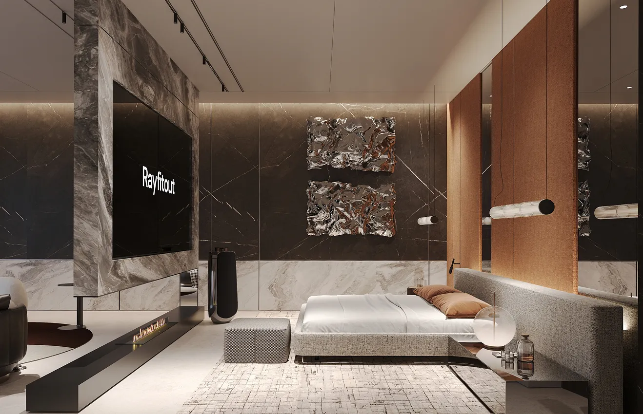 Luxury bedroom interior featuring modular seating and expansive windows in Dubai.