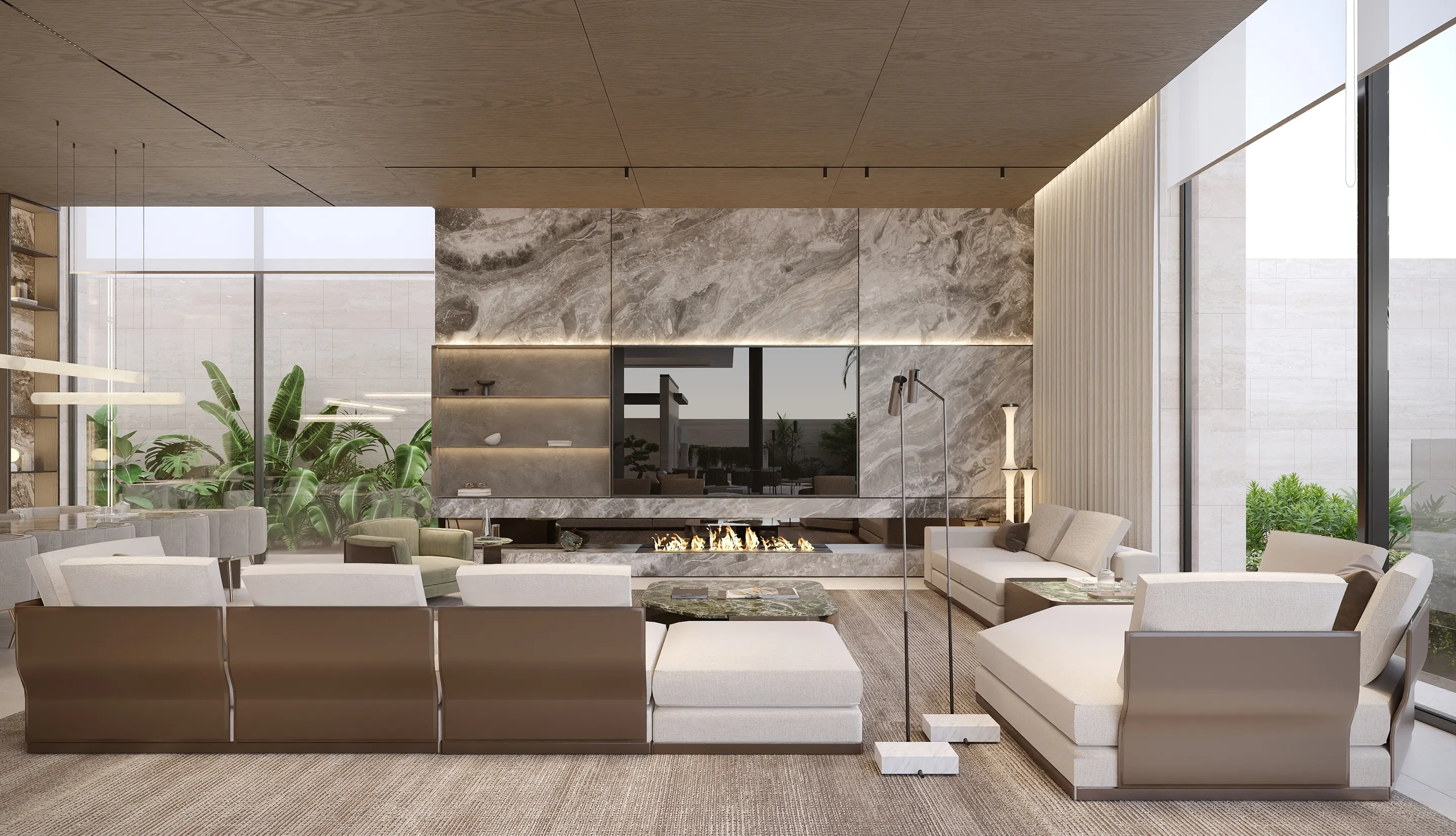 Modern living room interior design in Abu Dhabi featuring marble accent wall and built-in fireplace.