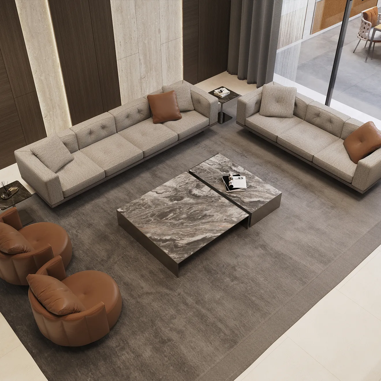 Luxury living room interior featuring Minotti sofas, marble coffee tables, and leather armchairs in Abu Dhabi.