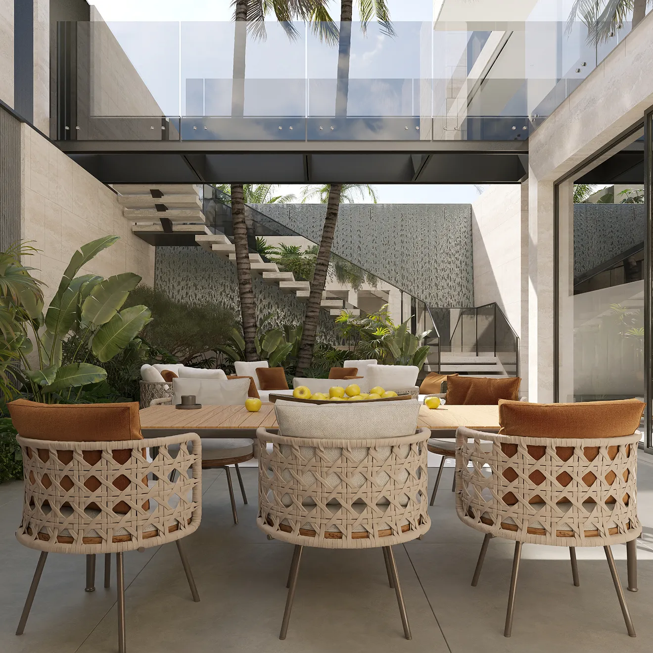 Luxury villa outdoor living design featuring Minotti dining chairs and custom joinery by Rayfitout.