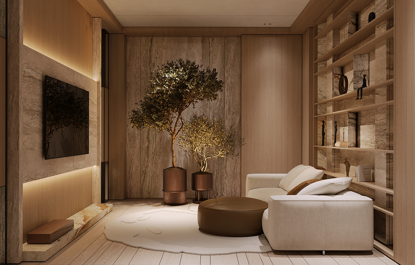 Minimalist vanity featuring a glowing stone basin and wall-mounted faucet.