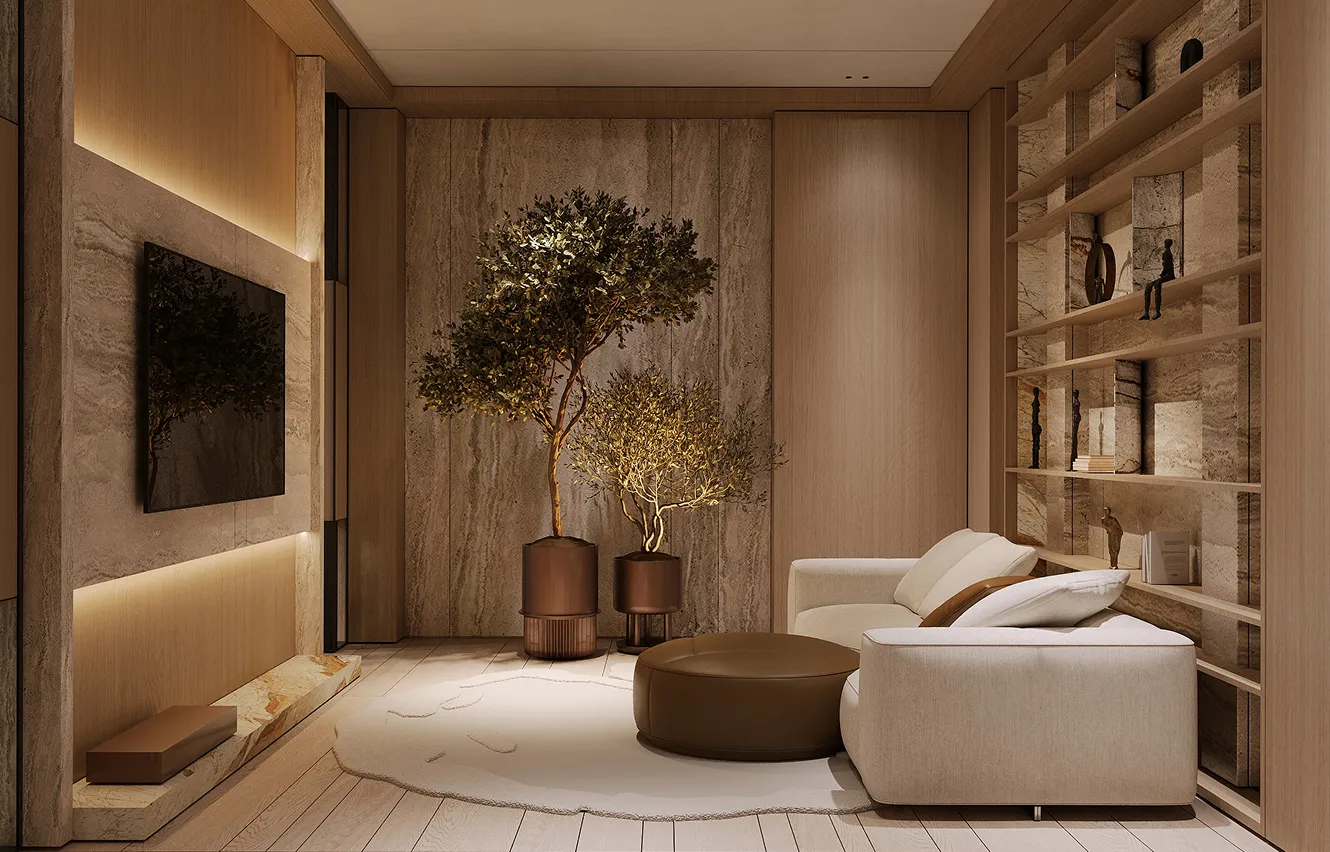 Modern living room interior featuring built-in bookshelf and bespoke joinery in Abu Dhabi.