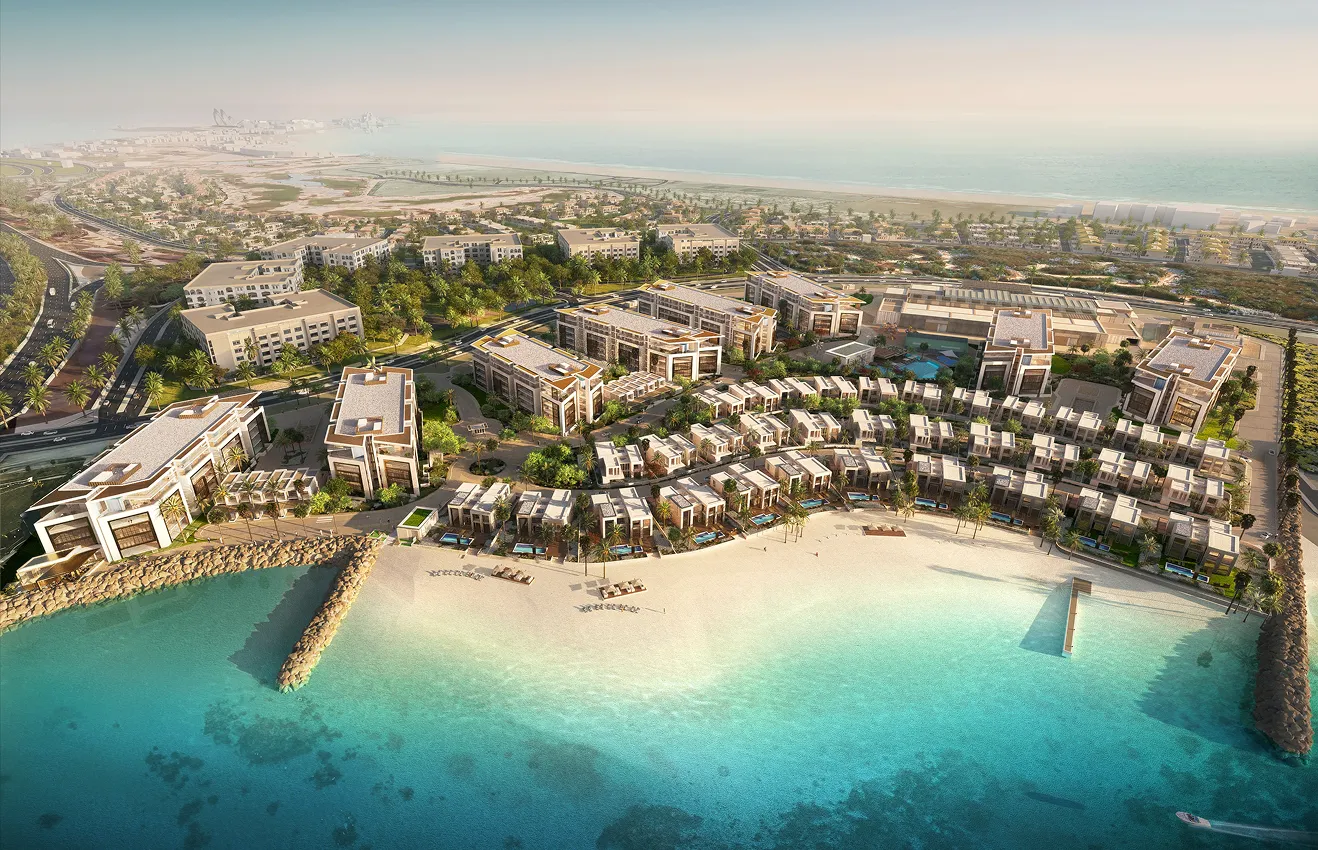 Luxury beachfront homes featuring open-plan living interior design in Abu Dhabi.