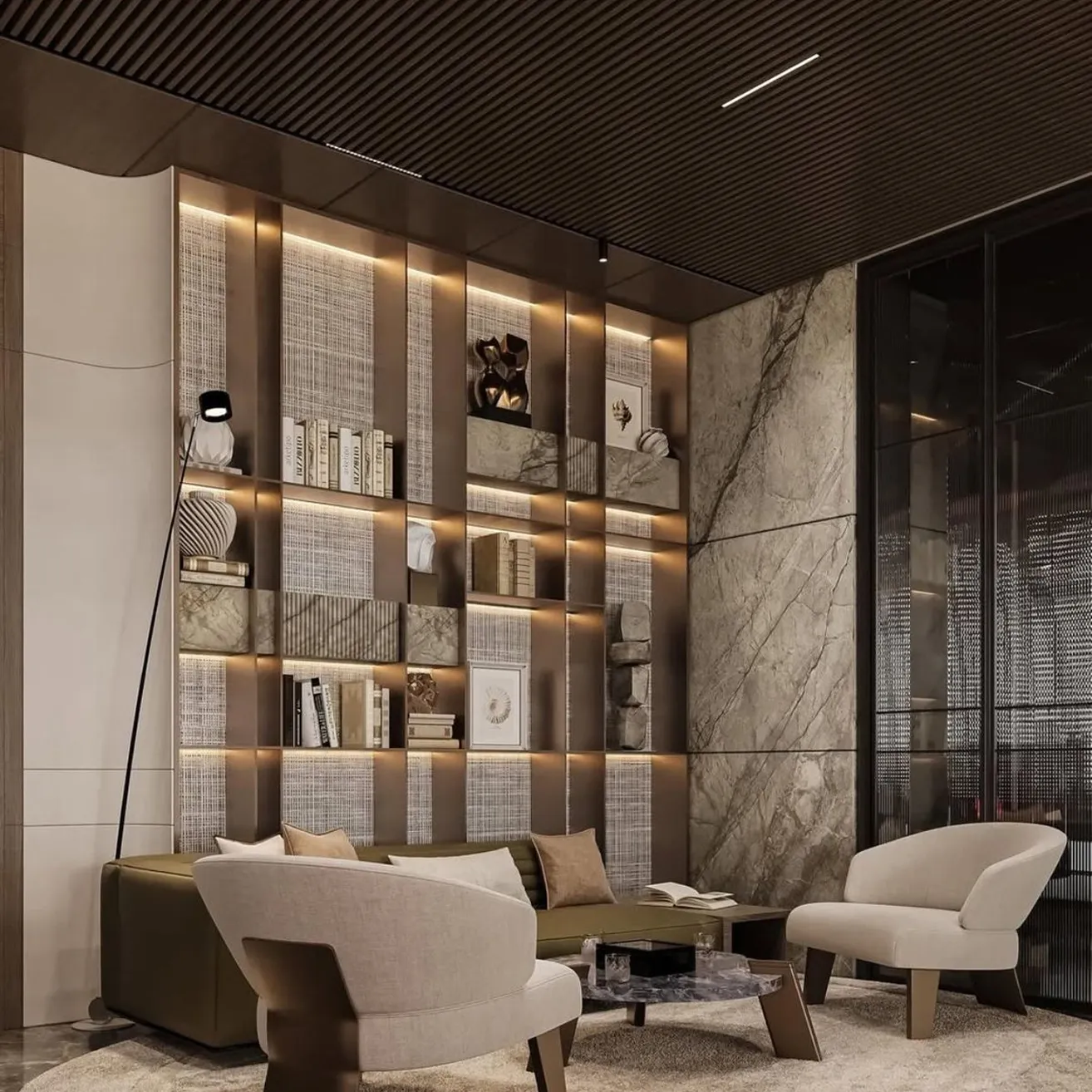 Modern living room interior featuring textured panel wall, integrated shelves, and custom furnishings.