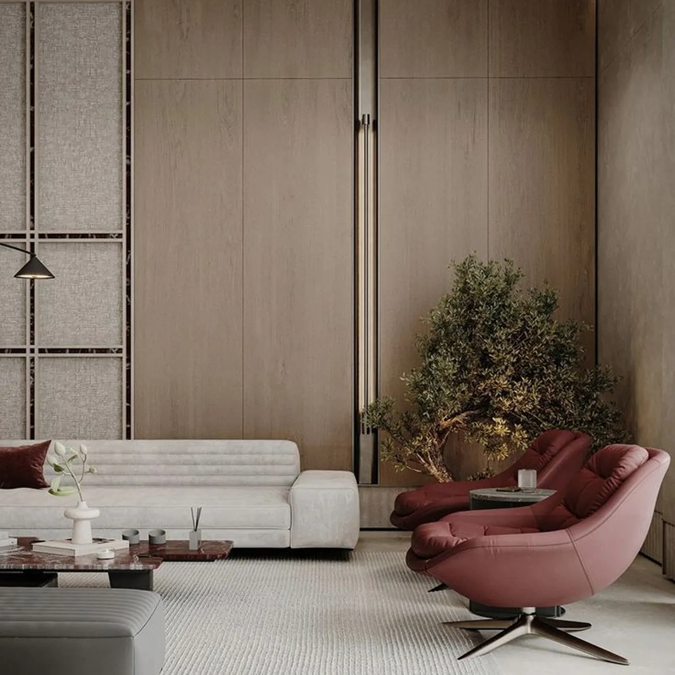 Luxury living room interior featuring marble coffee table and warm wood accent wall.