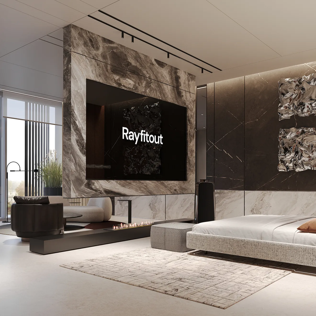 Contemporary bedroom interior design featuring marble accent wall, fireplace, and custom furnishings in Abu Dhabi.