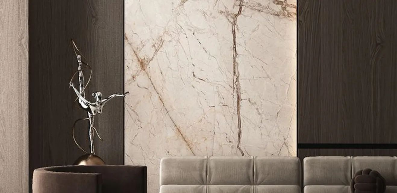 Luxury villa interior design featuring marble feature wall and dark wood panels.