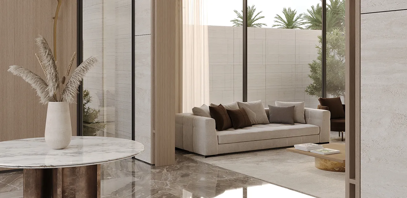 Open-plan interior design featuring a marble coffee table and floor-to-ceiling windows.