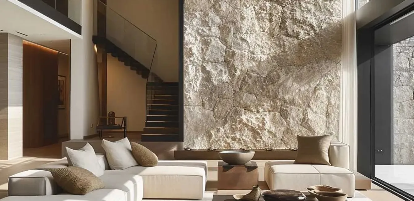 Modern living room interior design featuring natural stone feature wall and modular sofas.