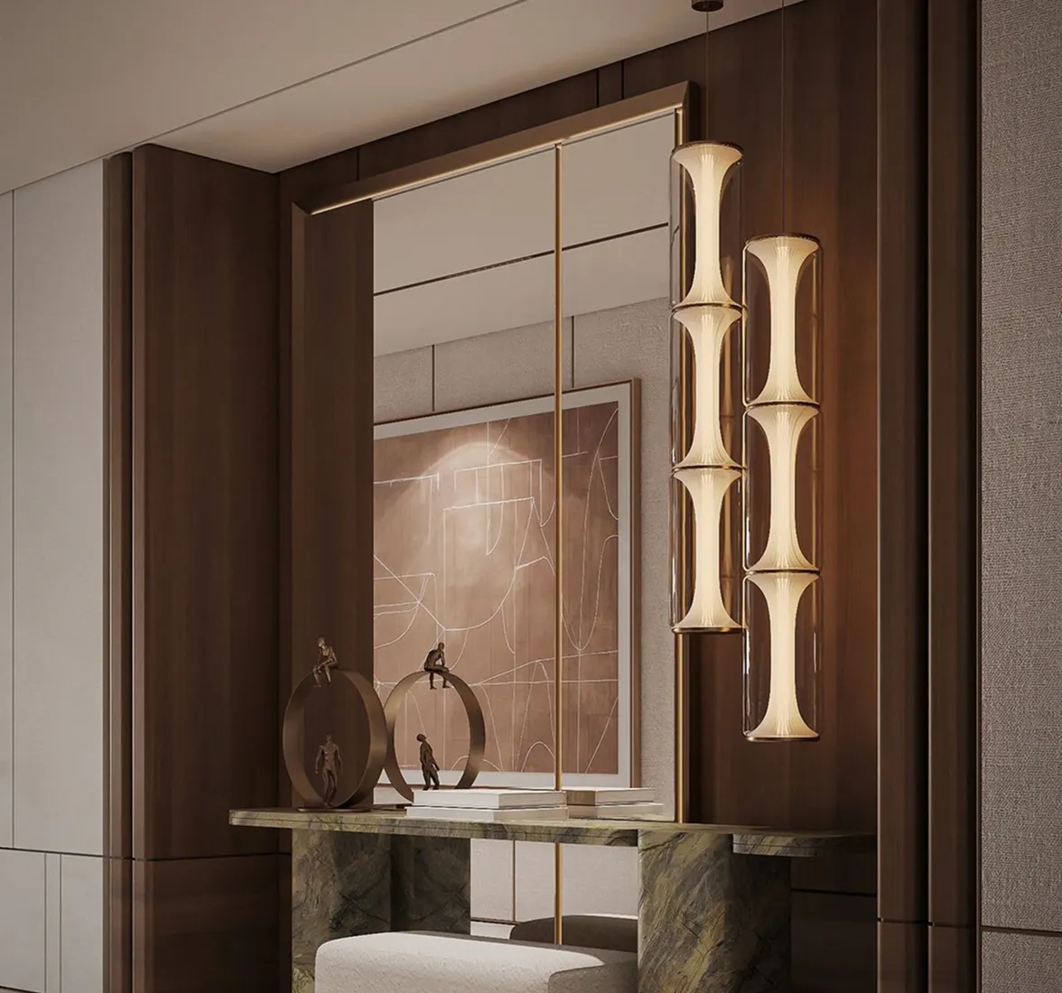 Luxury entryway interior featuring pendant lights and custom joinery by Rayfitout.