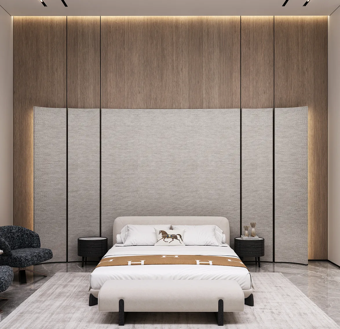 Hermes-inspired bedroom interior design in a private villa in Abu Dhabi.