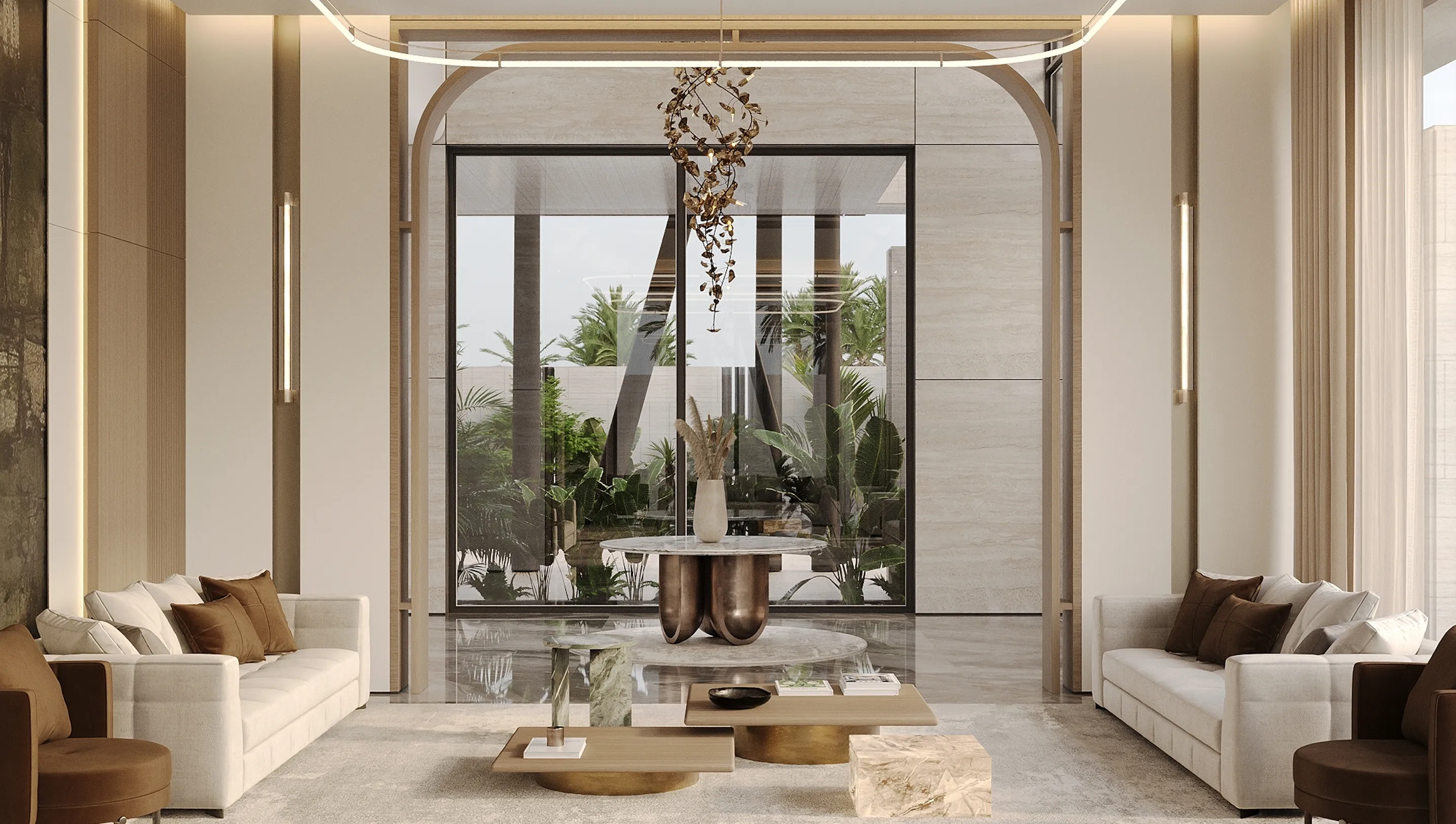 Luxury living room interior design featuring floor-to-ceiling windows and bespoke joinery.