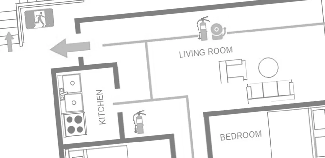 Interior design layout showing rooms with fire extinguishers and exit markings.