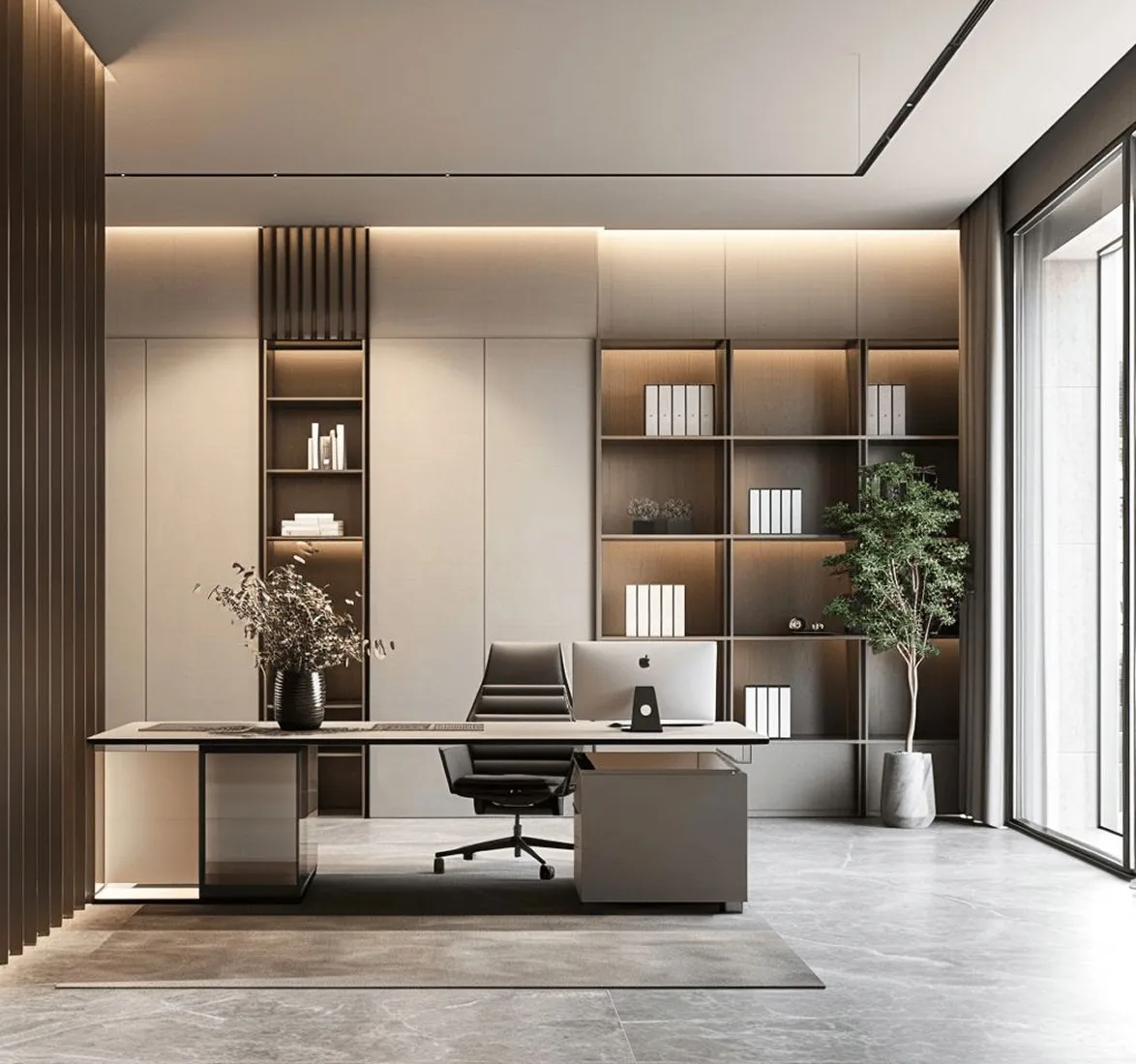 Contemporary home office interior design featuring custom illuminated shelving.