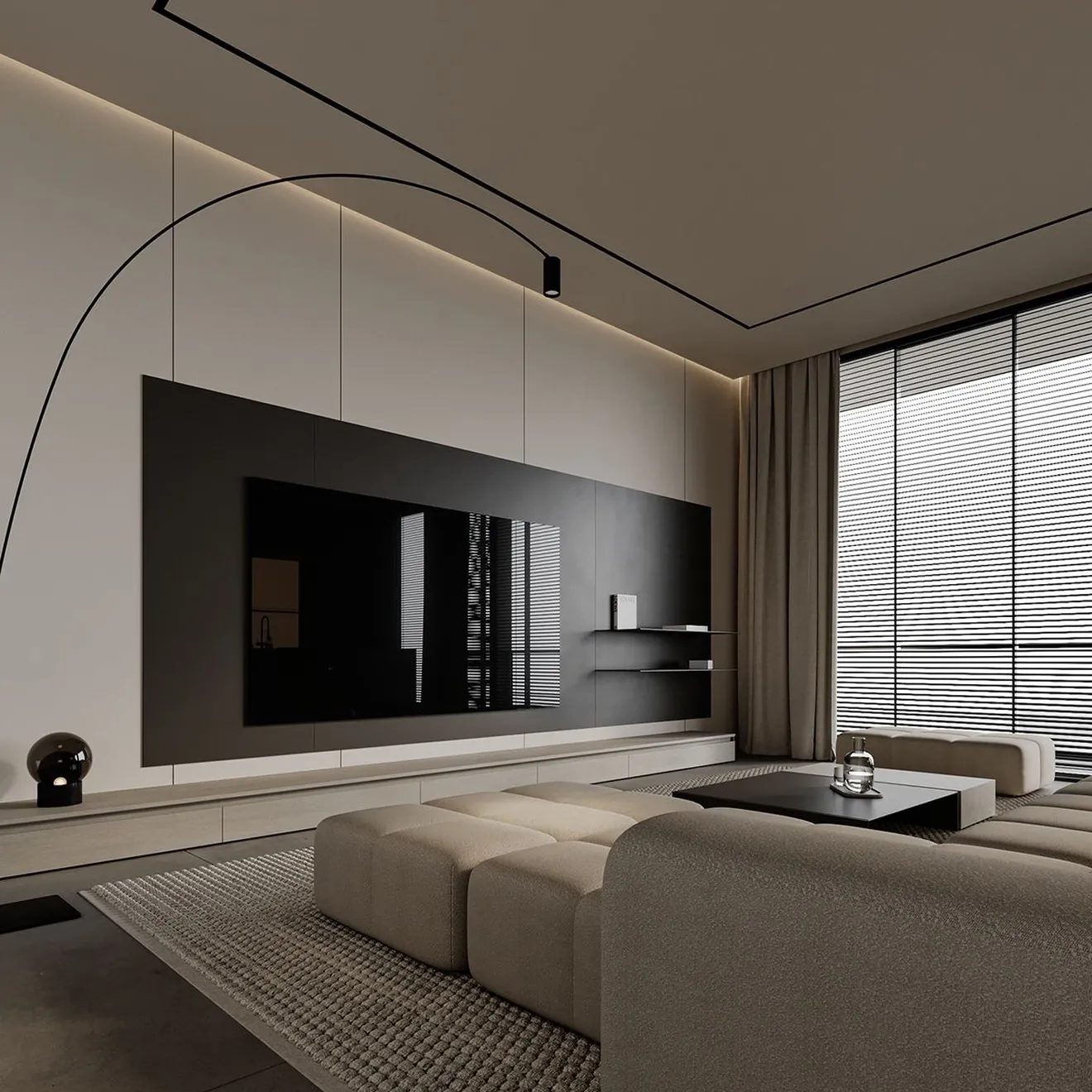 Contemporary living room interior featuring modular seating and custom ceiling design in Dubai.