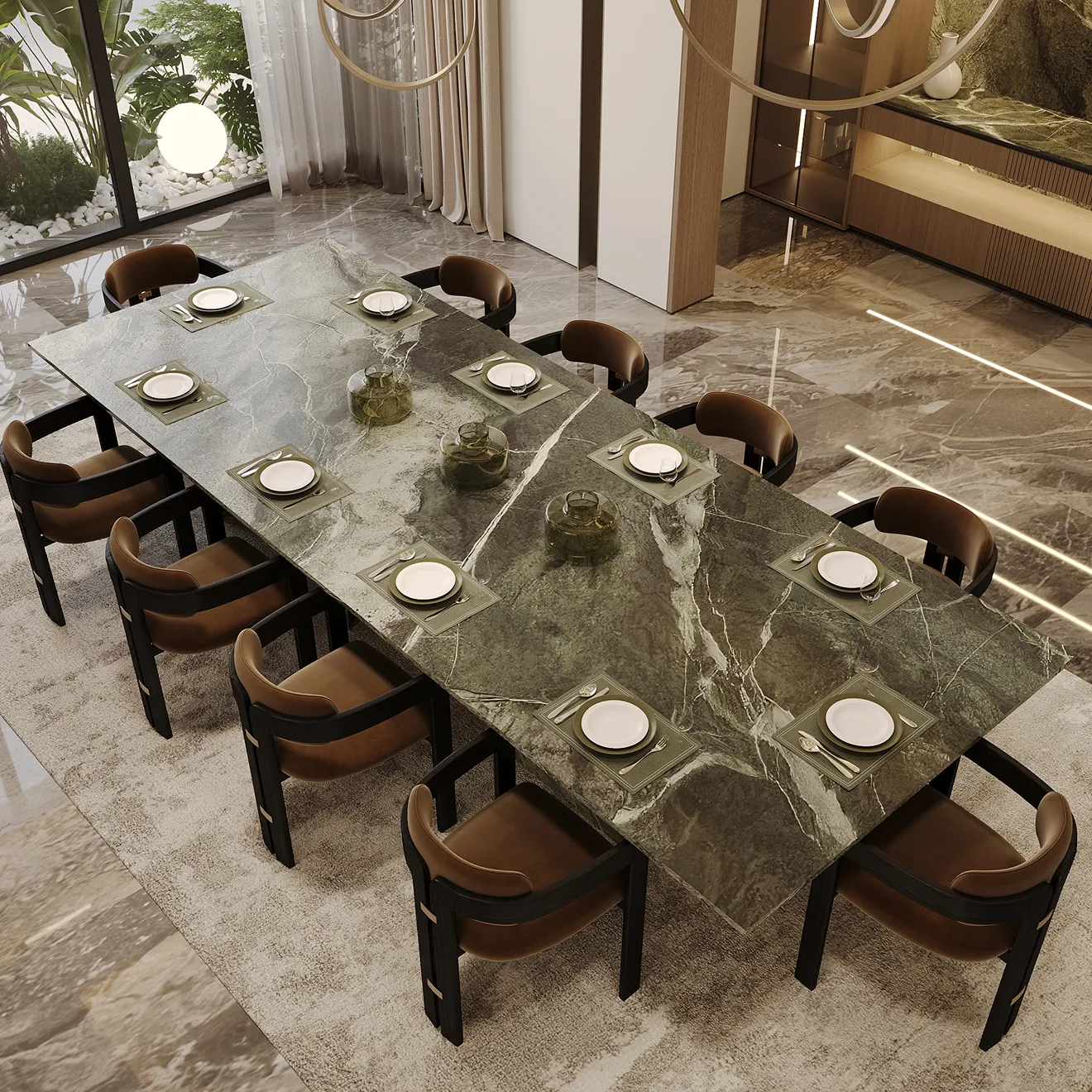 Luxury dining room interior design featuring a marble dining table in a private villa.