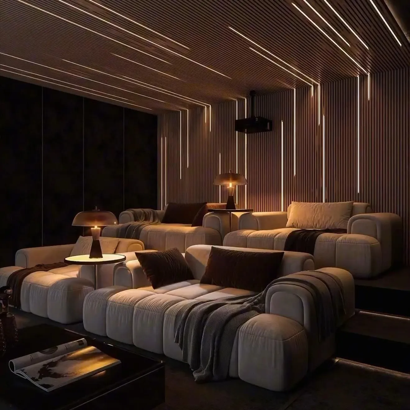 Premium home theater interior with tiered seats and custom LED lighting in a luxury villa.
