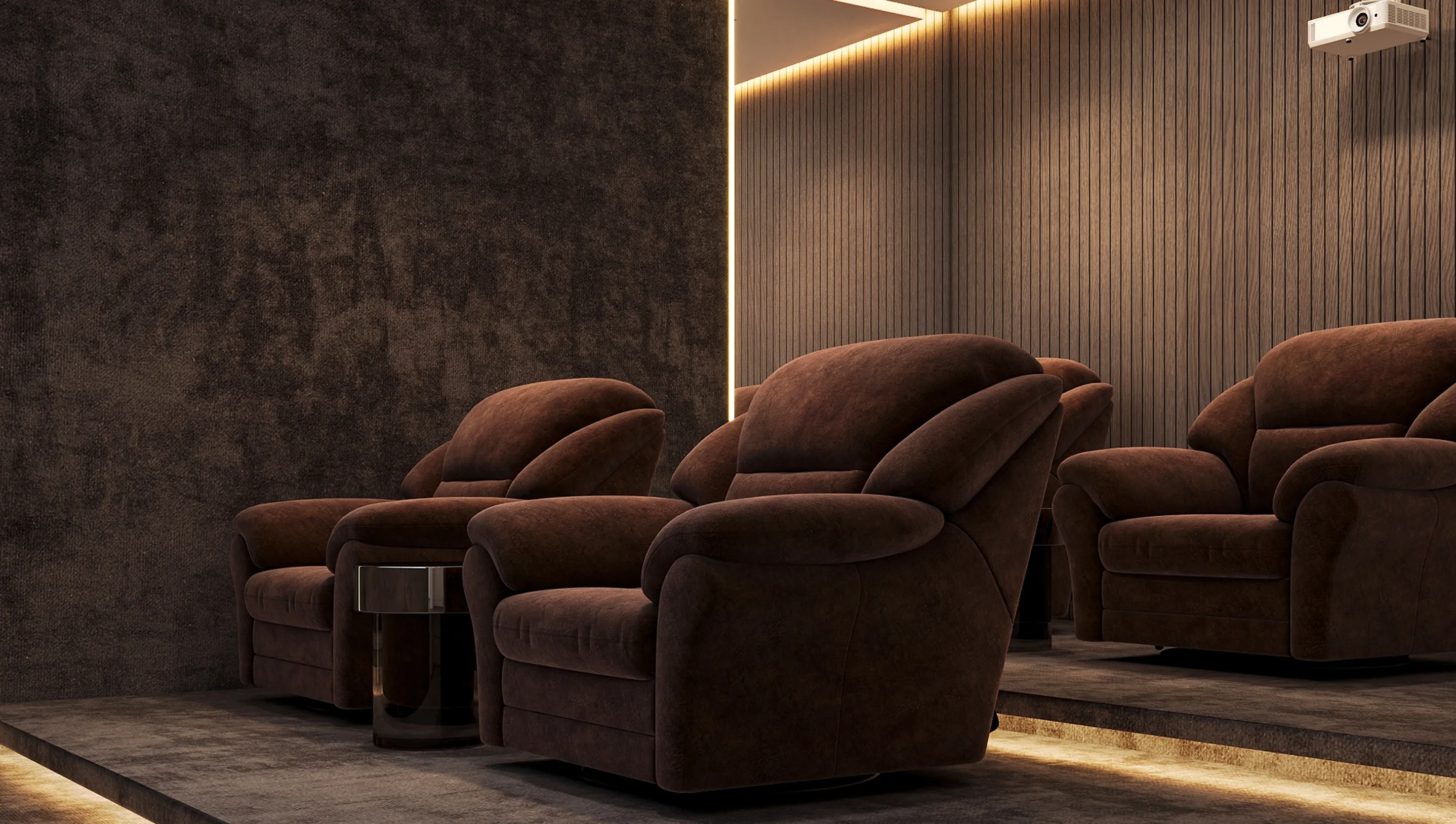 Luxury home cinema room design featuring plush reclining chairs and ambient lighting.