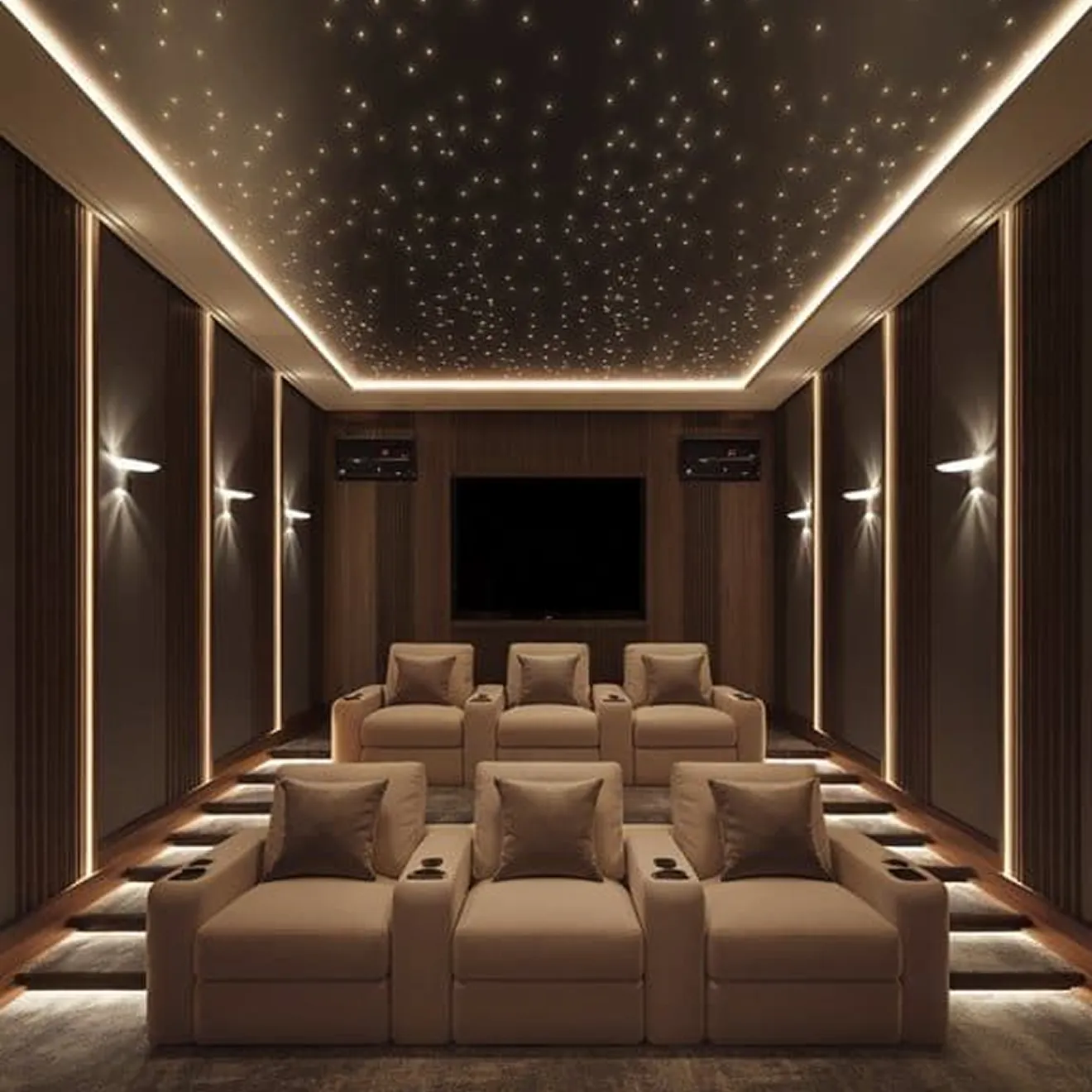 Luxury home theater design in a Dubai private villa featuring custom starlight ceiling by Rayfitout.