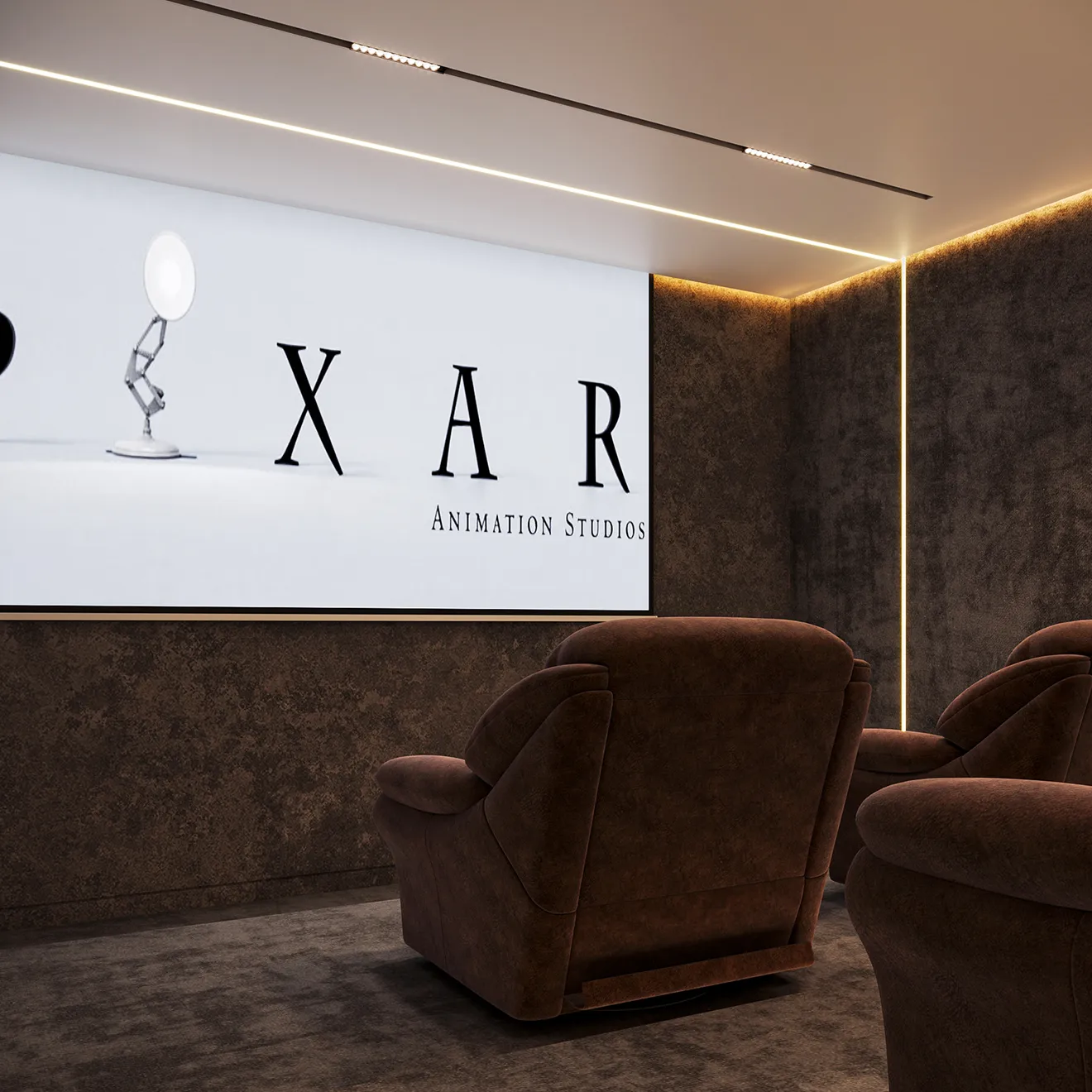 Private cinema room interior design featuring custom armchairs and a wide projection screen in a Dubai villa.