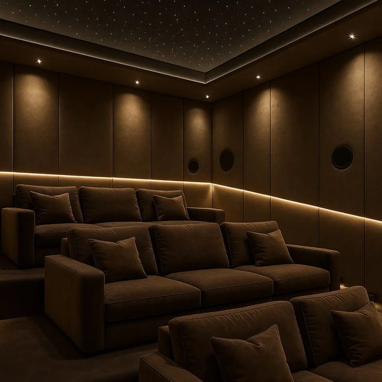 High-end media room interior design featuring bespoke joinery by Rayfitout in Dubai.