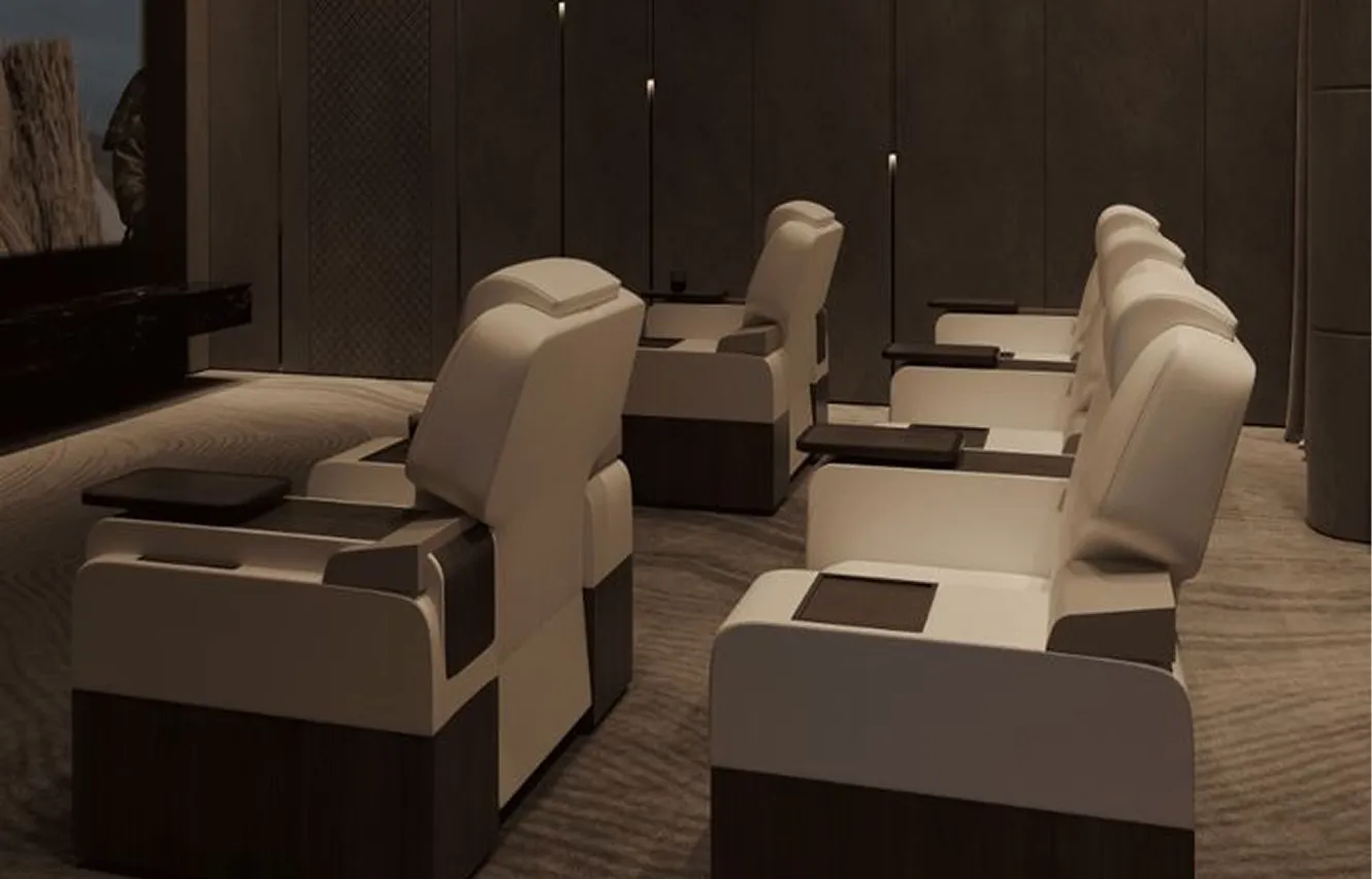 Soundproof home cinema room interior design highlighting custom interior fit out by Rayfitout.