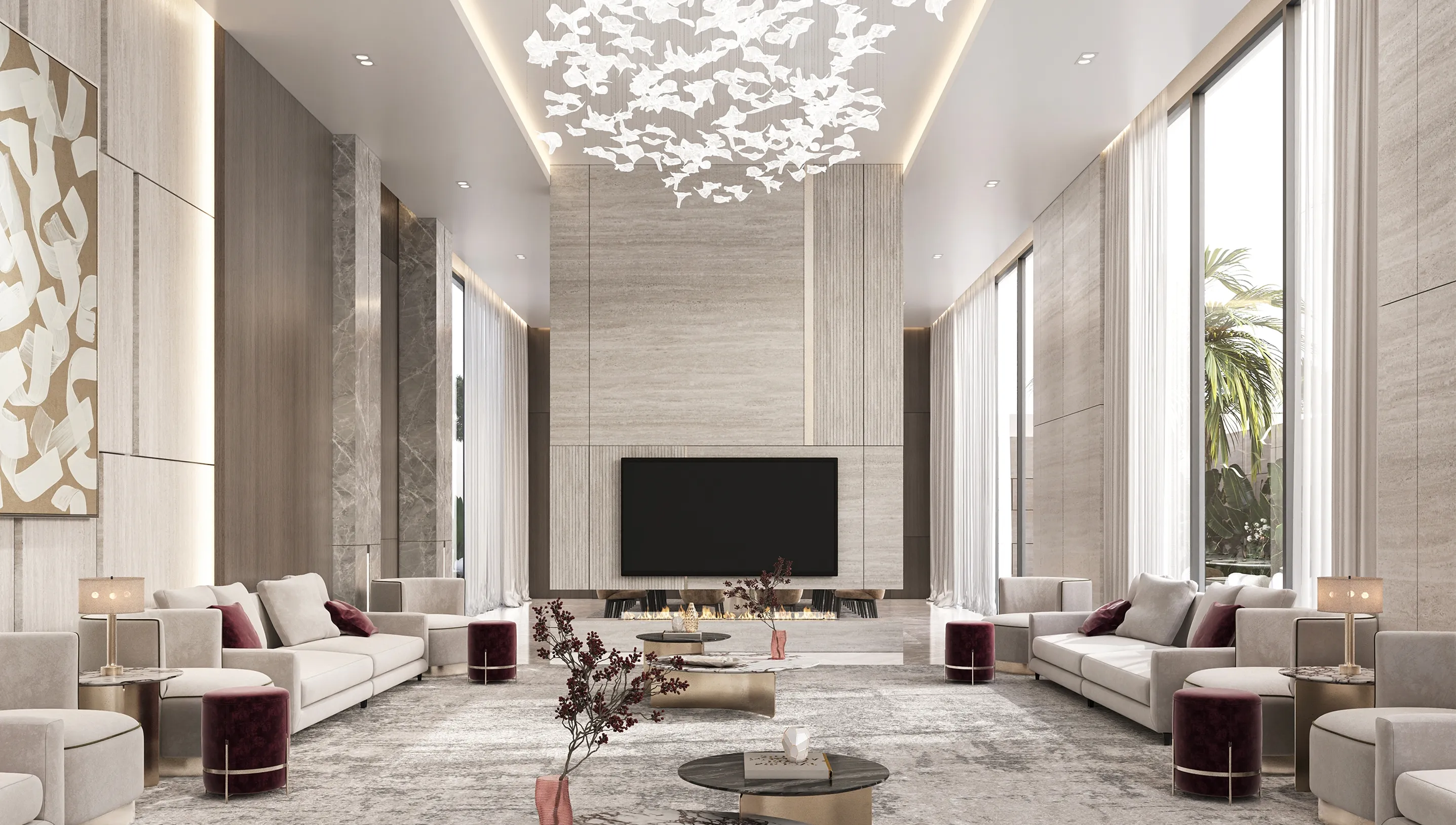 Luxury Majlis interior design featuring modular seating and expansive windows in Dubai.