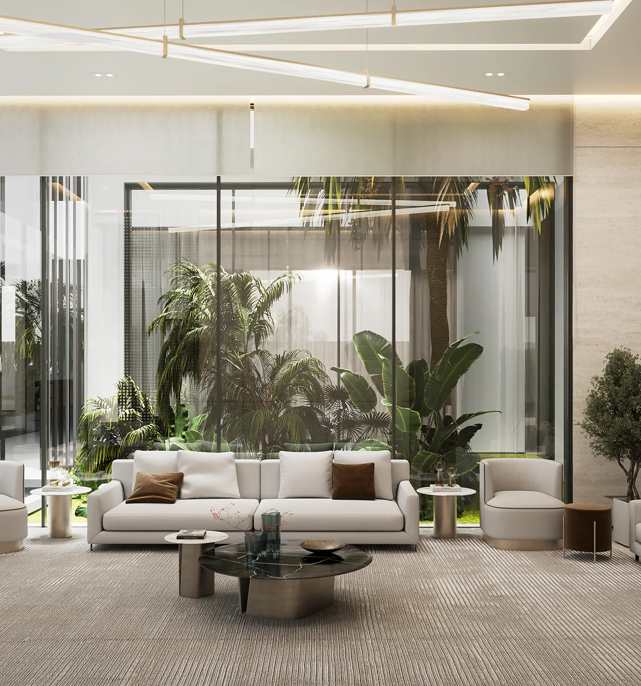 Contemporary lounge interior featuring a marble coffee table and floor-to-ceiling windows.