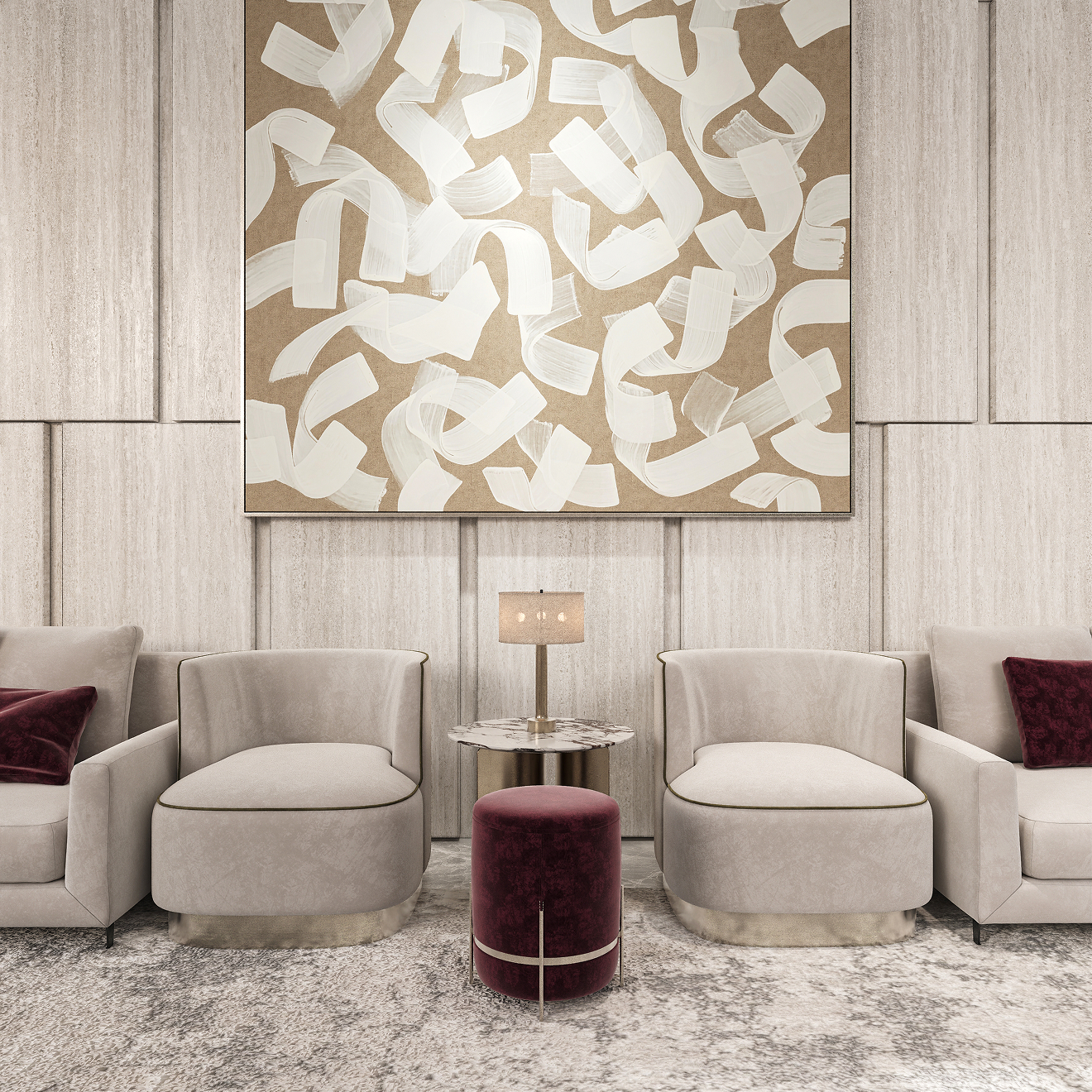 Minimalist bathroom interior featuring a freestanding tub and natural stone basin in Dubai.