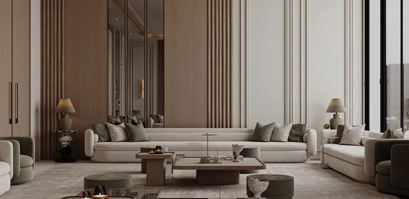 Contemporary majlis interior design featuring premium finishes and custom joinery.