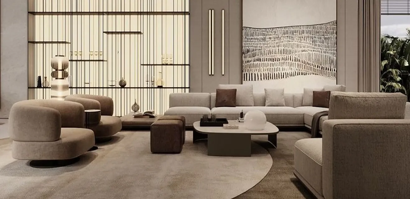 Contemporary majlis interior design featuring bespoke joinery by Rayfitout.