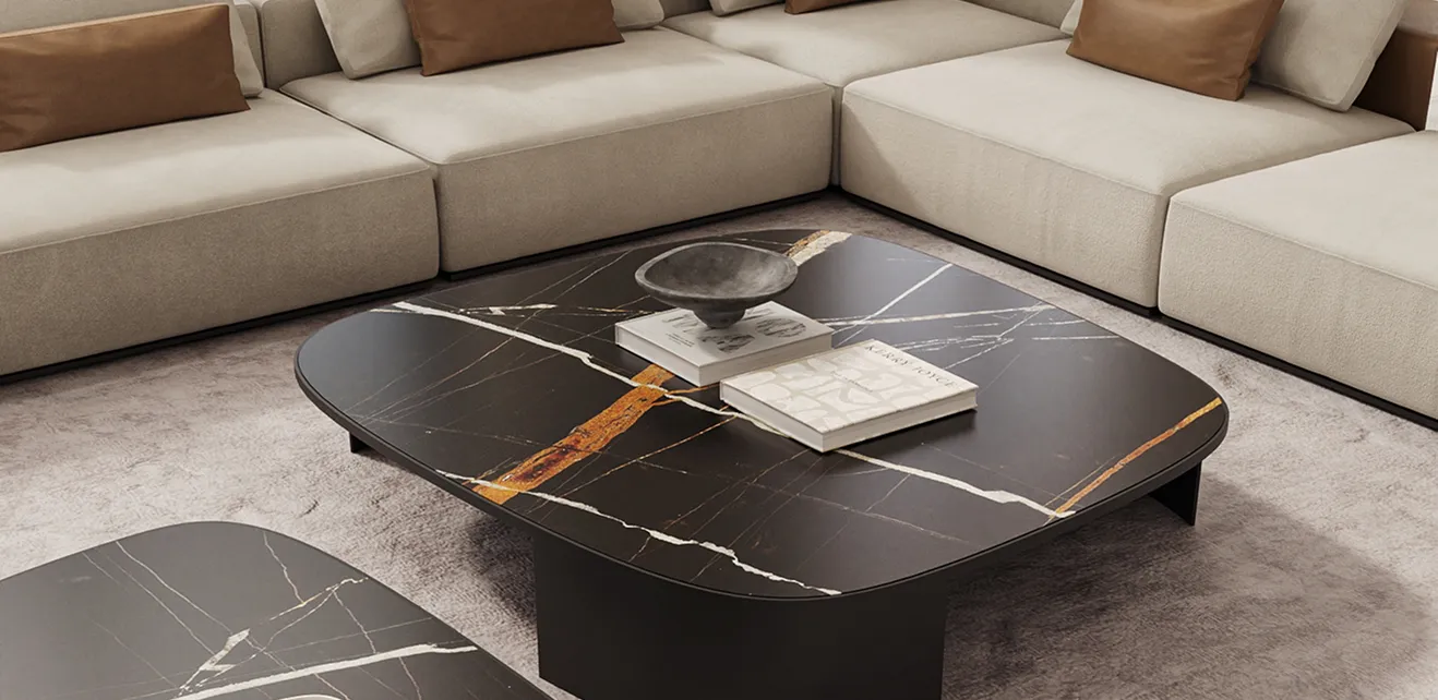 Modern majlis interior featuring a marble coffee table and modular seating in Dubai.