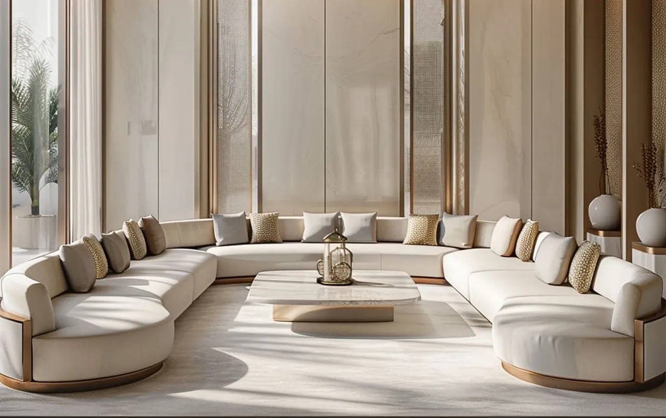 Luxury majlis interior design featuring custom furnishing by a leading interior design company in Dubai.