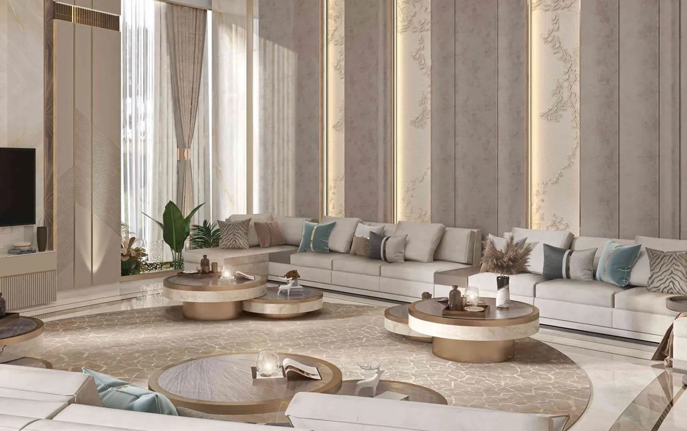 Modern majlis interior design featuring contemporary Arabic patterns in a luxury villa.