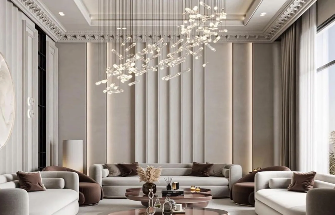Contemporary majlis interior design in Dubai featuring a statement chandelier.