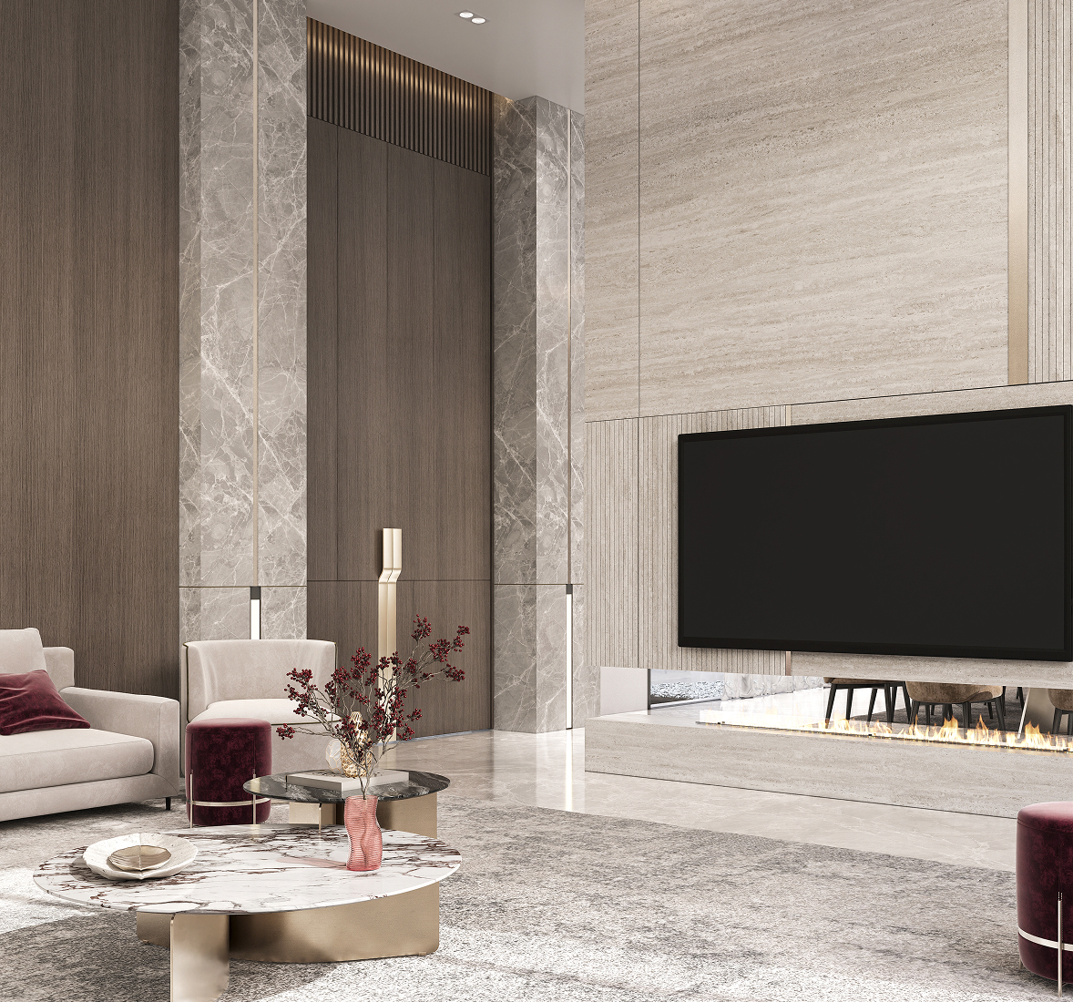 Residential interior design of a modern lobby featuring marble finishes in Dubai.