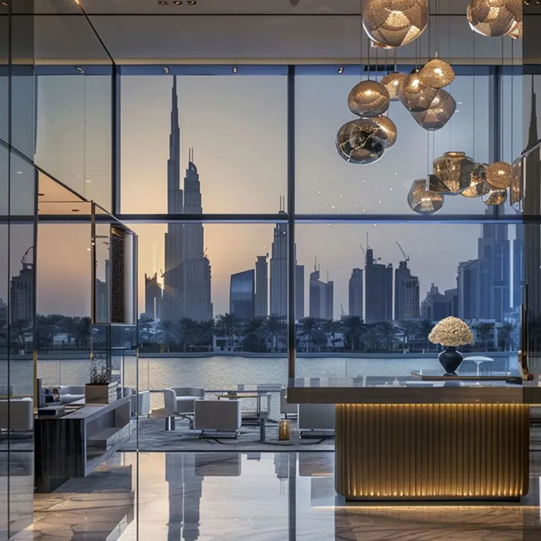 High-end lounge interior design featuring marble floors and floor-to-ceiling windows in Dubai.