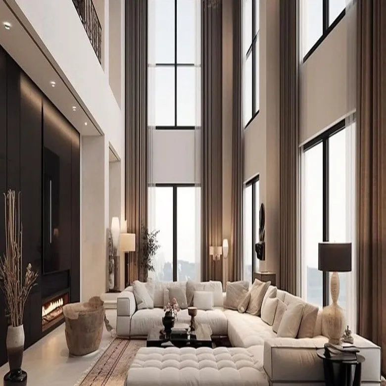 Modern villa interior design featuring double-height ceiling, fireplace, and modular seating.